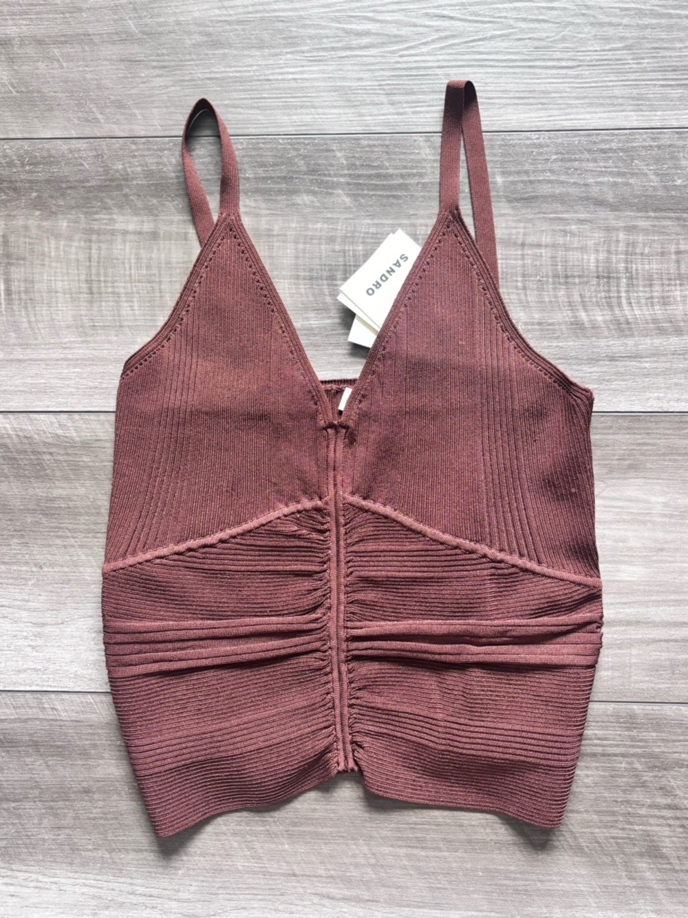 Sandro Brown Ribbed V-Neck Cropped Tank Top 3 large - Picture 2 of 7